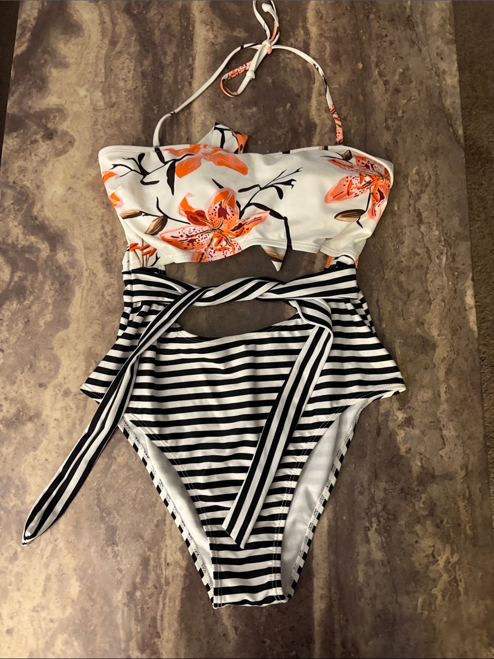 One Piece Floral & Black-White Stripe Cutout Swimsuit